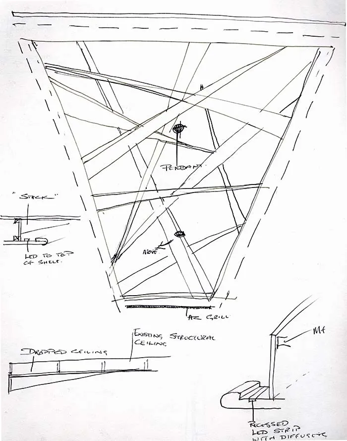 Design sketch of pick up sticks fibrous plaster ceiling Design sketch of pick up sticks fibrous plaster ceiling